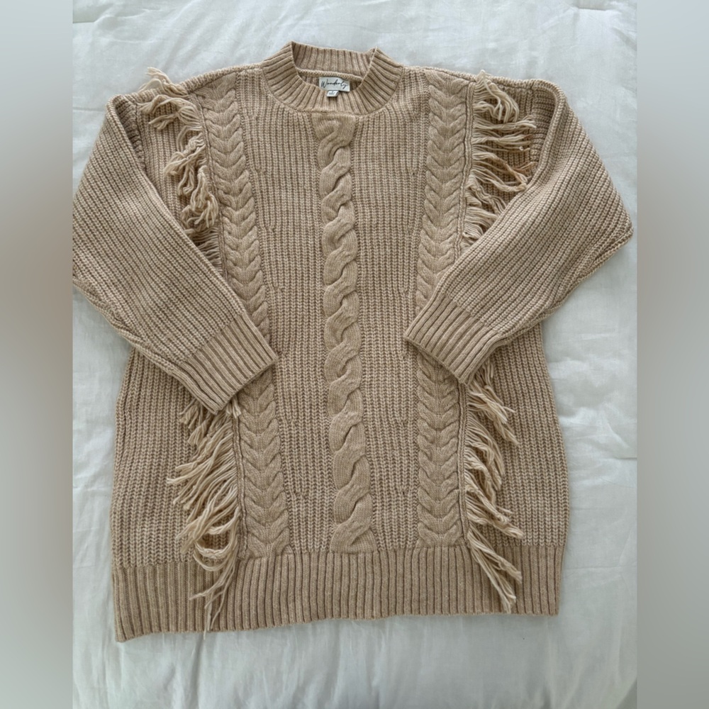 Wonderly Tan Crew Neck Cable Knit Sweater
